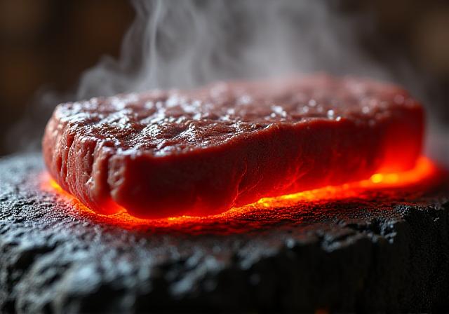 A premium cut of beef being seared on a black volcanic stone with dramatic steam