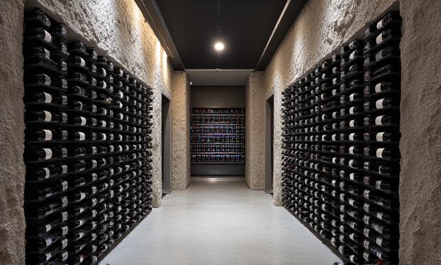Luxury wine cellar with dark stone walls and backlit bottles